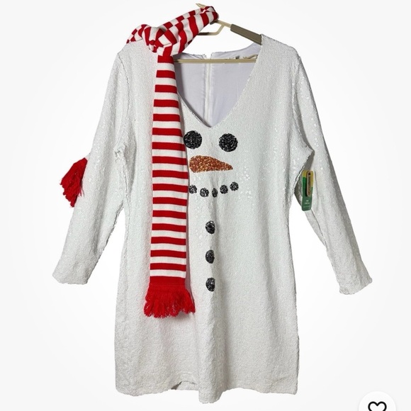 Tipsy Elves Snowman Sequin Dress 1X NWT Christmas Party Shift w/ Scarf Belt NEW! - Picture 7 of 11
